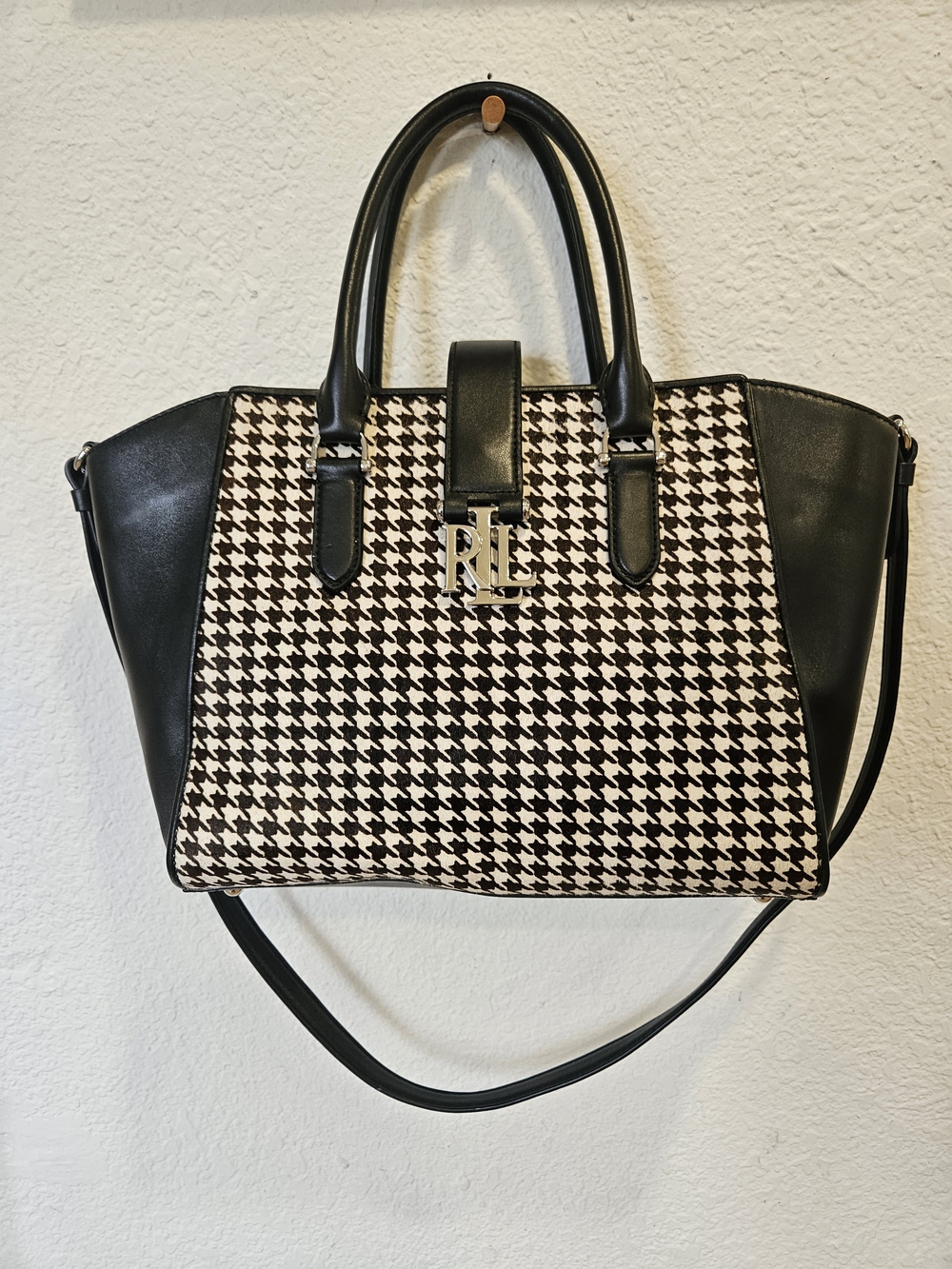 Lauren Ralph Lauren Houndstooth Calf Hair Marcy Satchel Leather Crossbody